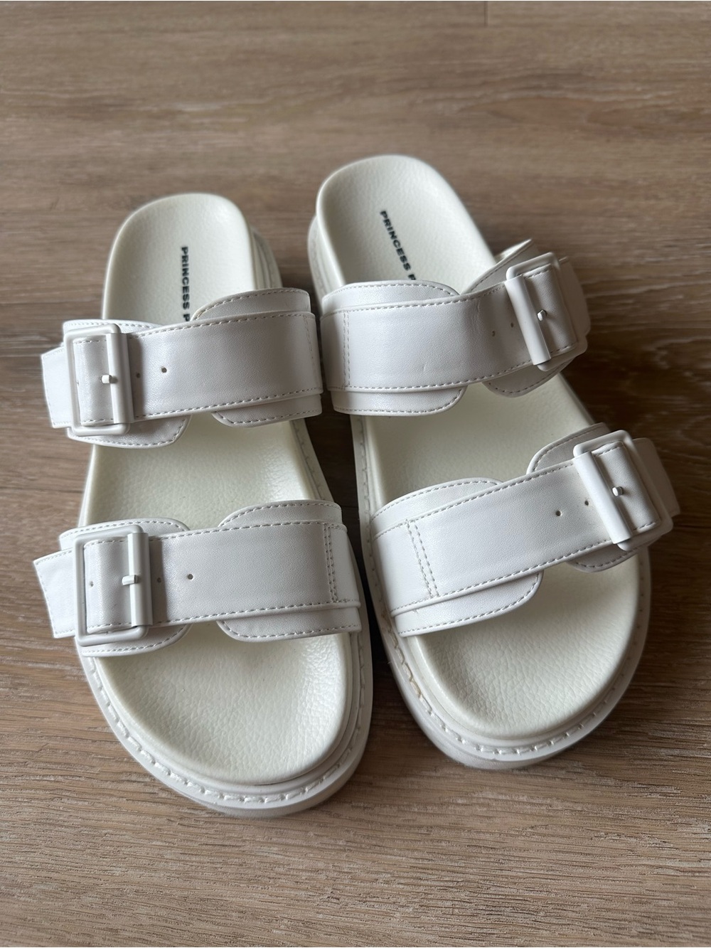 Princess Polly White Double-Buckle Slide Sandals